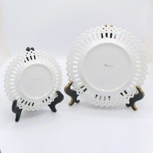 Gold Trimmed Reticlated Ceramic Plates Courting Couple Germany Set of - Picture 3 of 3